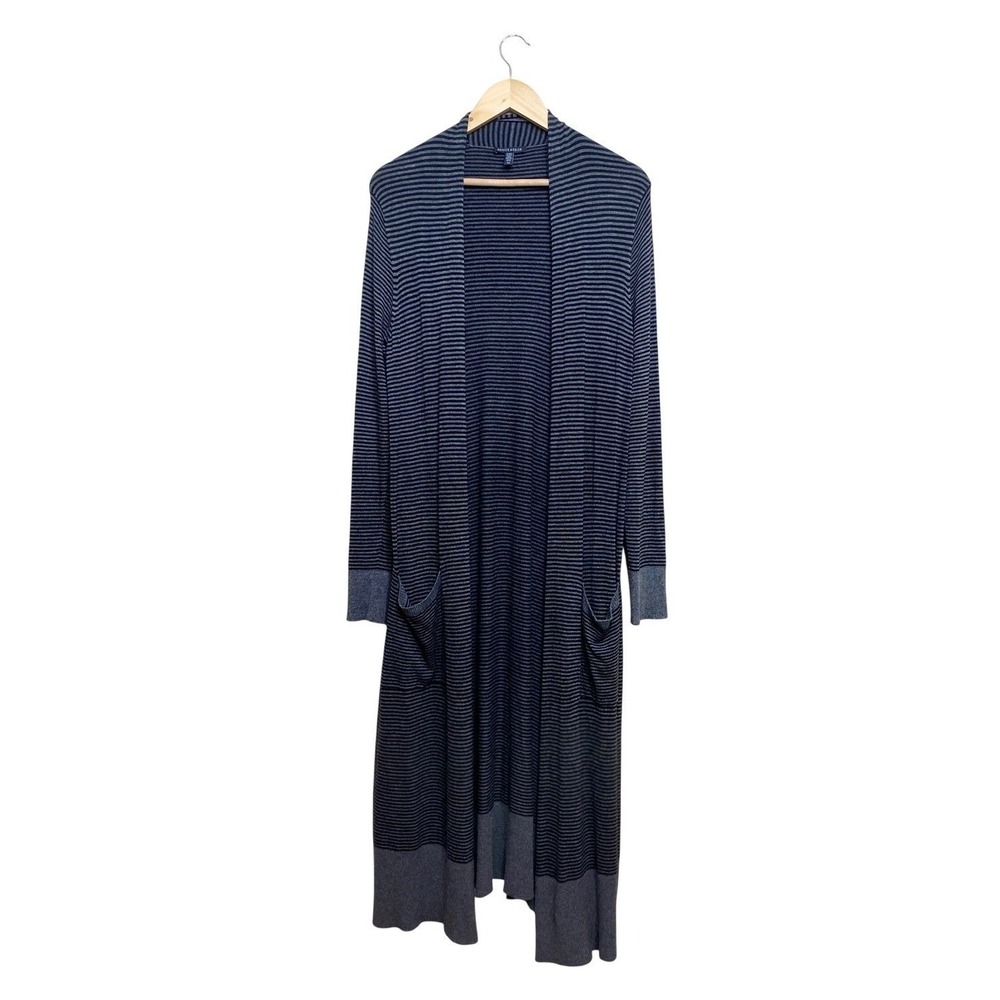 Eileen Fisher‎ Womens Striped Long Duster Cardigan Gray Blue Viscose Blend S/P